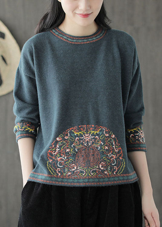 VCSHOES Blue Green O-Neck Jacquard Fall Knit Sweater