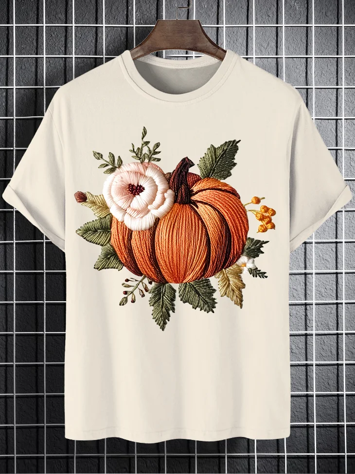 Men's Pumpkin Floral Embroidery Print Cotton Casual T-Shirt