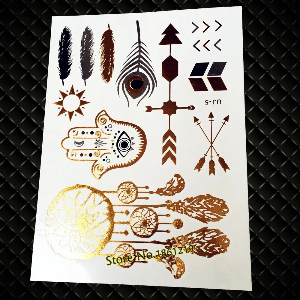 Sdrawing Shiny Metallic Tattoo Henna Gold Flower Body Art GCT166 Silver Lace Feather Tattoo Bracelet Flash Temporary Tattoo Stickers