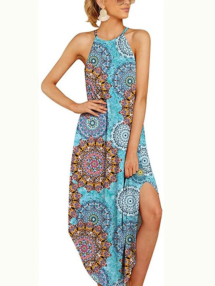 Fashion Fourth of July Strappy Dress with Circular Neck and Slit