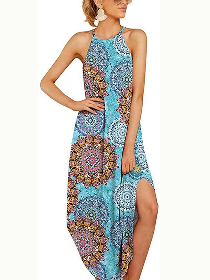 Fashion Fourth of July Strappy Dress with Circular Neck and Slit | EGEMISS