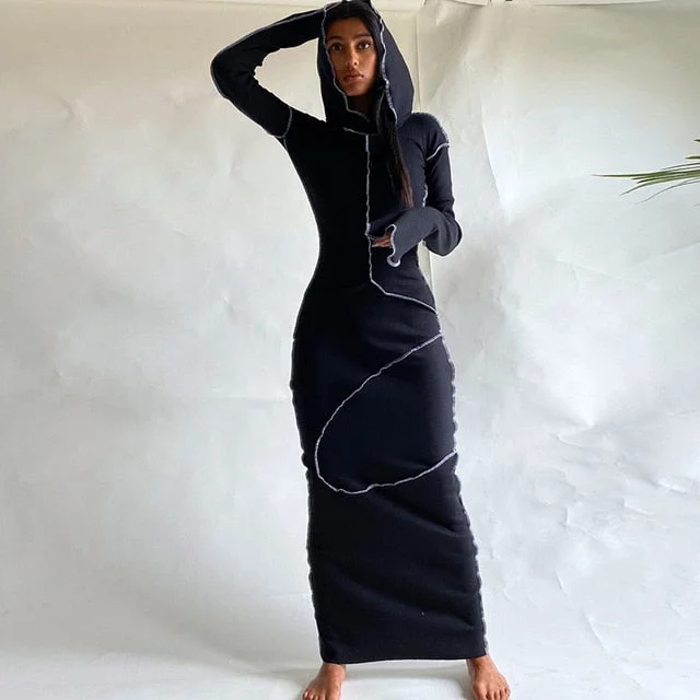 Autumn Winter Women Skinny Maxi Dress Long Sleeve Hooded Vestidos Patchwork Lady Fashion Streetwear Casual Outfits 2021 New