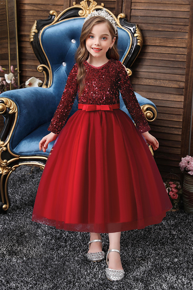 Pretty Long Sleeves Sequins Little Girl Dress Long With Bowknot - lulusllly