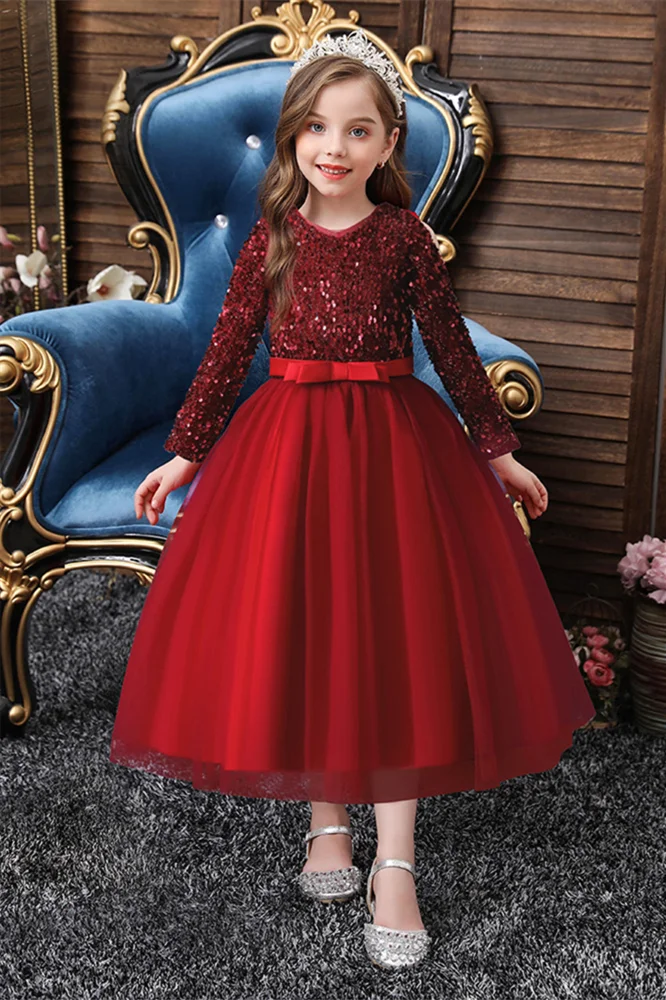 Pretty Long Sleeves Sequins Little Girl Dress Long With Bowknot - lulusllly