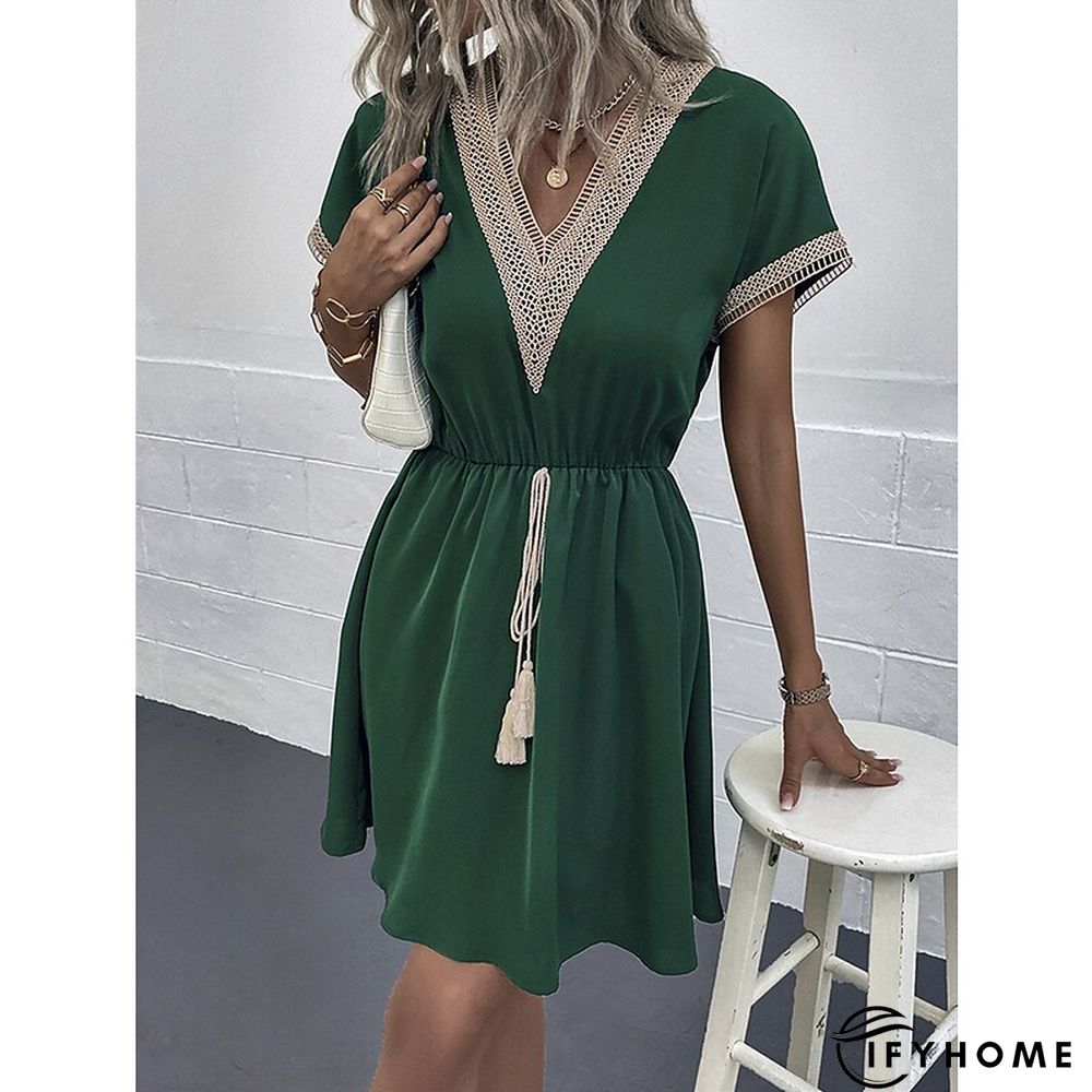 Women's Casual Dress Summer Dress Loose Dress Plain Drawstring Lace Trim V Neck Mini Dress Active Fashion Outdoor Daily Short Sleeve Loose Fit Black White Blue Spring Summer S M L XL | IFYHOME