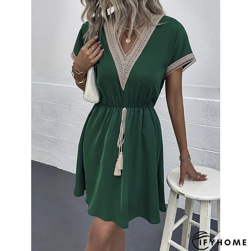Women's Casual Dress Summer Dress Loose Dress Plain Drawstring Lace Trim V Neck Mini Dress Active Fashion Outdoor Daily Short Sleeve Loose Fit Black White Blue Spring Summer S M L XL | IFYHOME