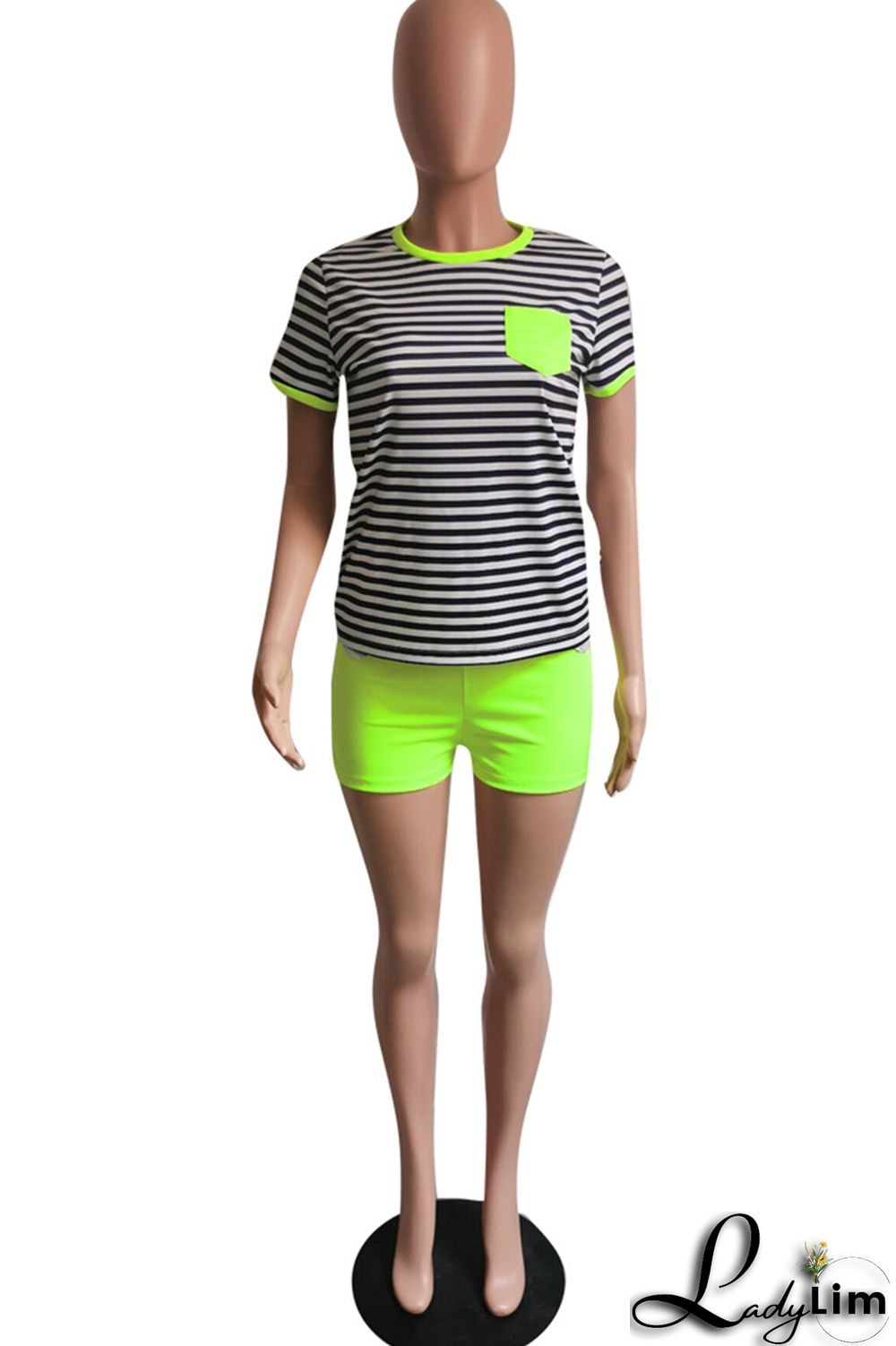 Fluorescent Green Fashion Casual Striped Print Patchwork O Neck Short Sleeve Two Pieces