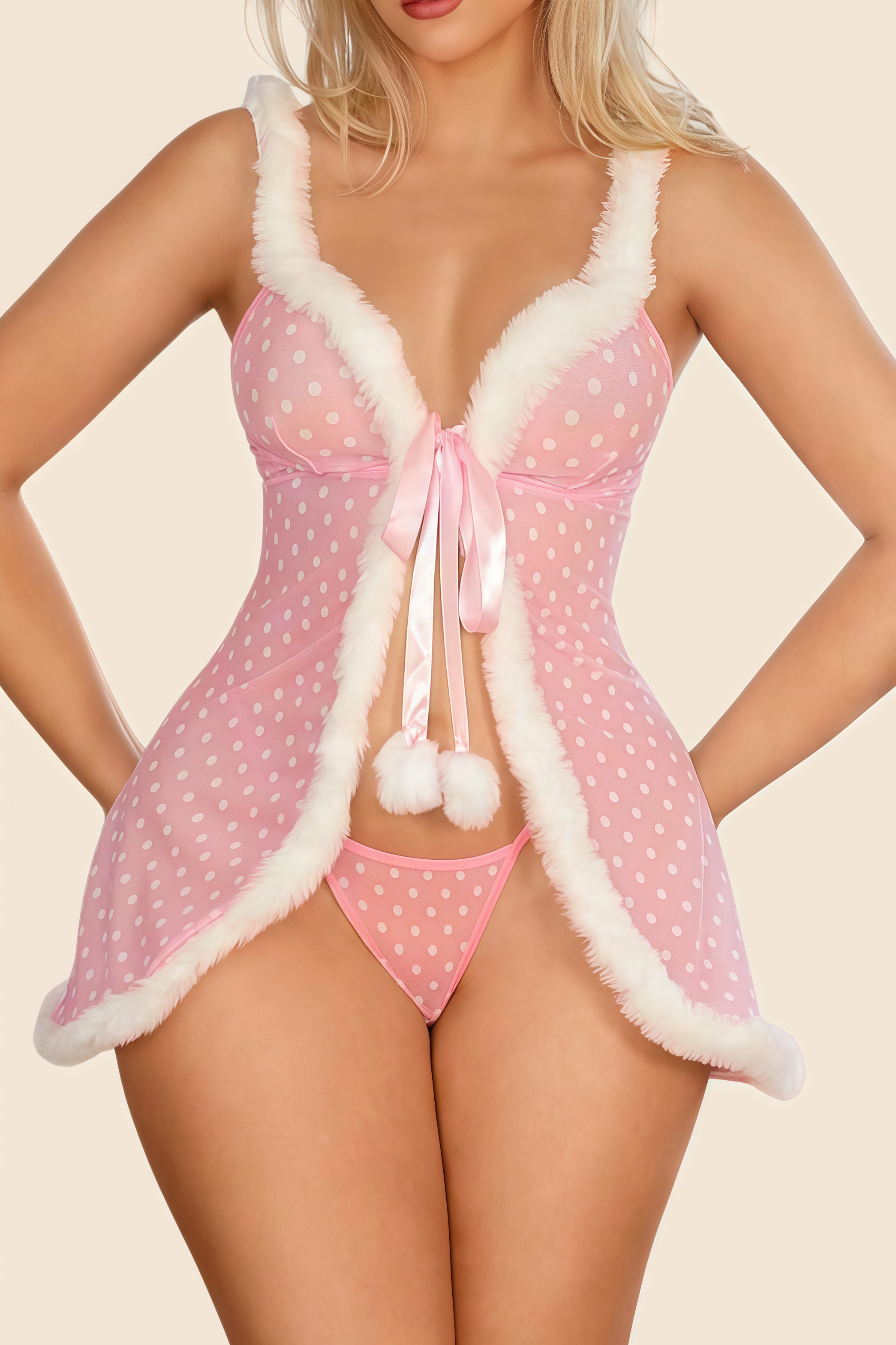 Sheer Polka Dot Fur-Trim Babydoll Dress - HIGIANNA&reg;