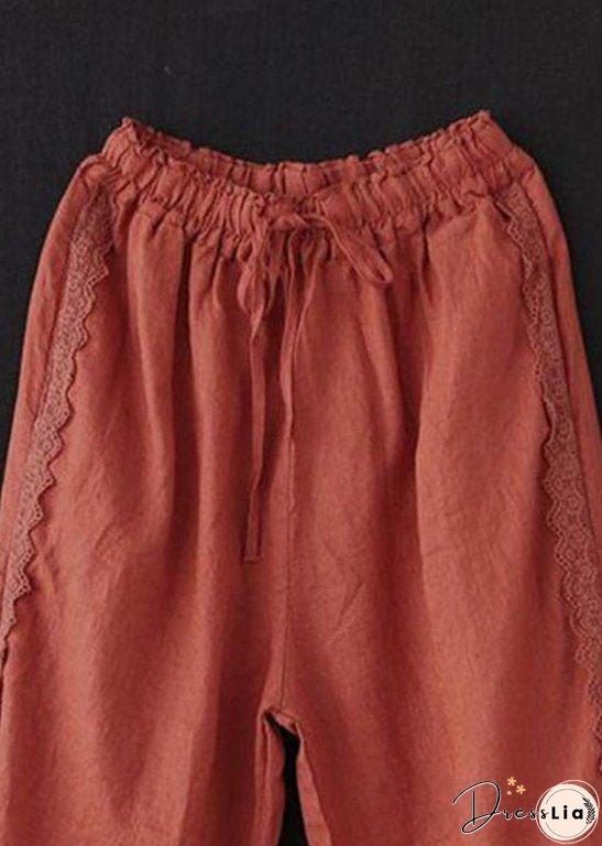 Unique Brick Red Lace Patchwork Linen Crop Pants Summer