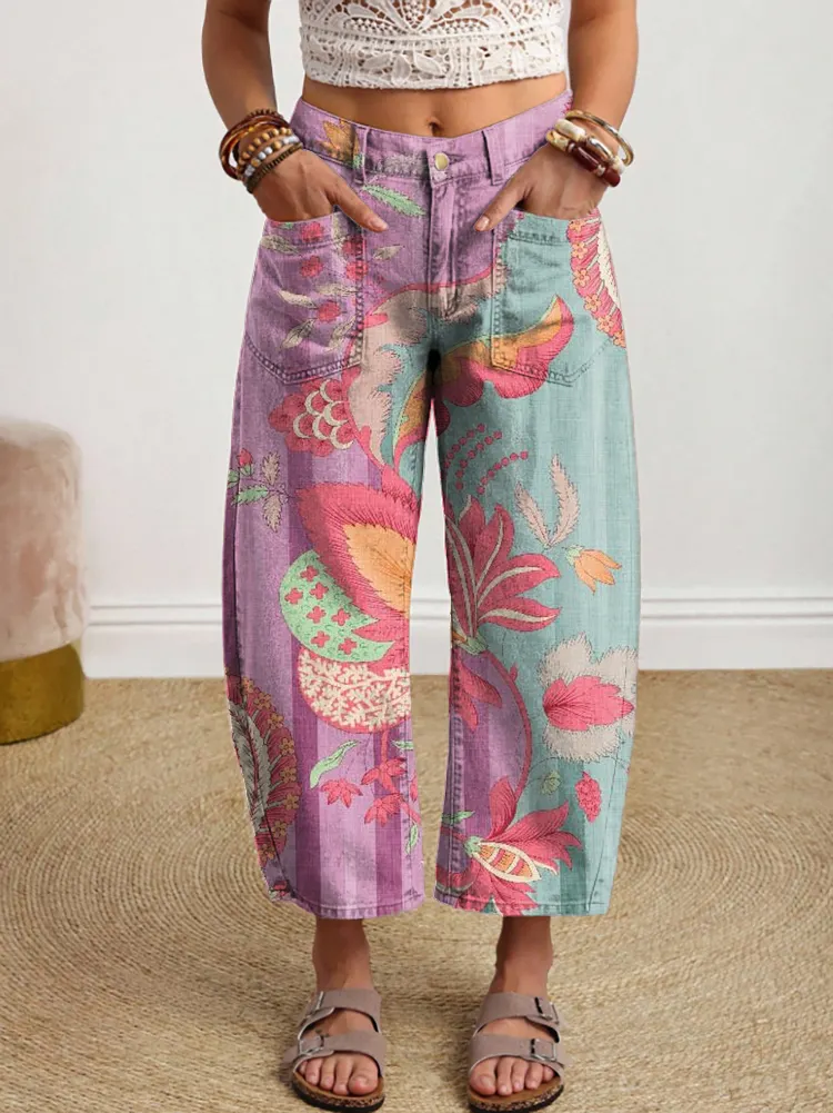 Women's Retro Bohemian Floral Color Block Art Print Casual Jeans