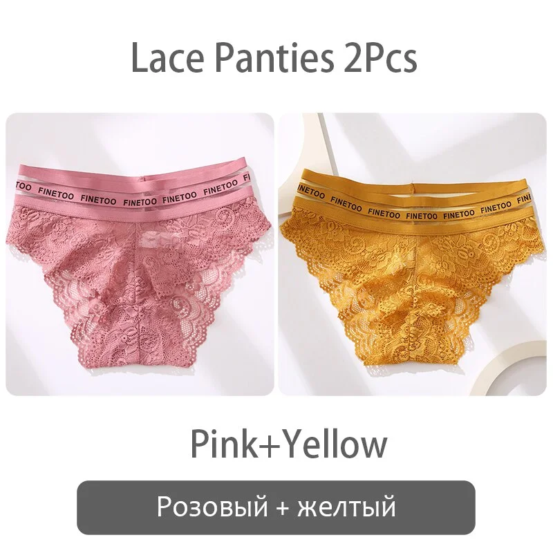 FINETOO 2Pcs Lace Panties Women Sexy Transparent Briefs Low Waist Floral Underwear Fashion Ladies Underpants L-2XL Girl Lingerie