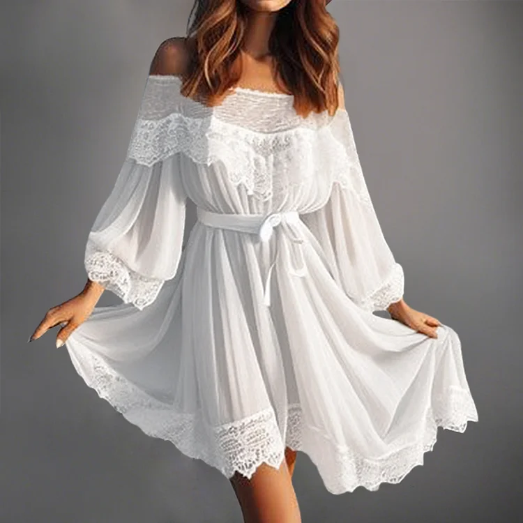 Lace Patchwork Off Shoulder Lantern Sleeve Lace-Up Mini Dress