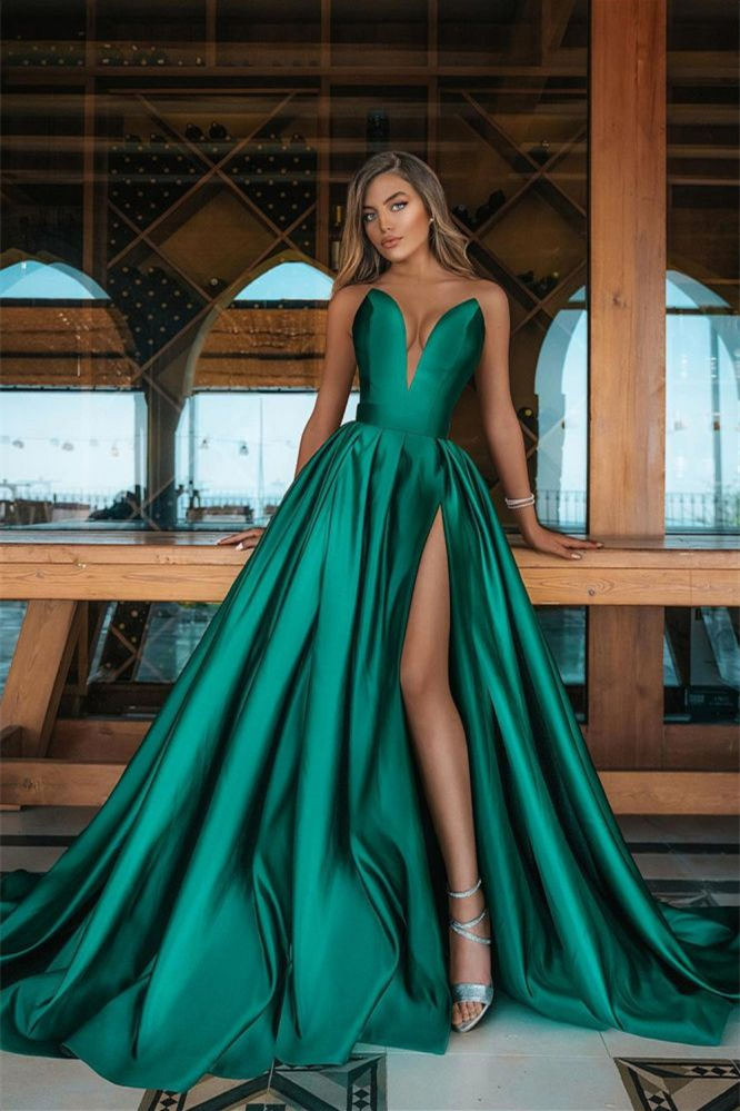 Miabel V-Neck Emerald Green Prom Dress Long With Split