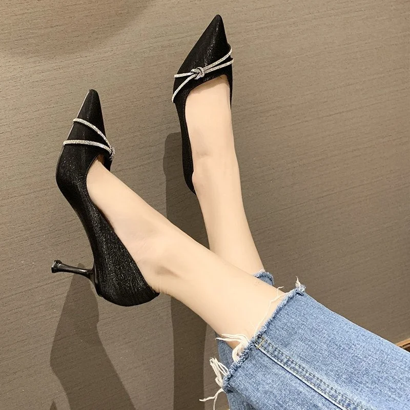 Women's Black High Heeled Shoes Spring And Autumn 2021 New Pointed Thin Heeled Versatile French Single Shoes