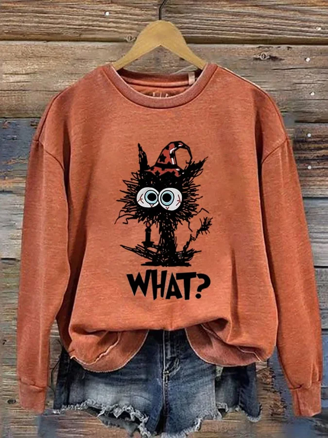 Women's Halloween Fun Black Cat Print Round Neck Long Sleeve Sweatshirt