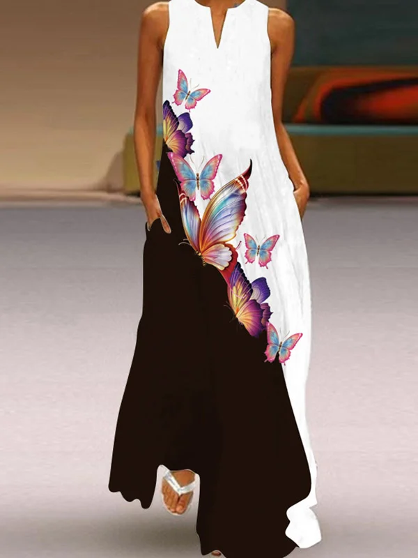 A-Line Loose Butterfly Print Round-Neck Maxi Dresses