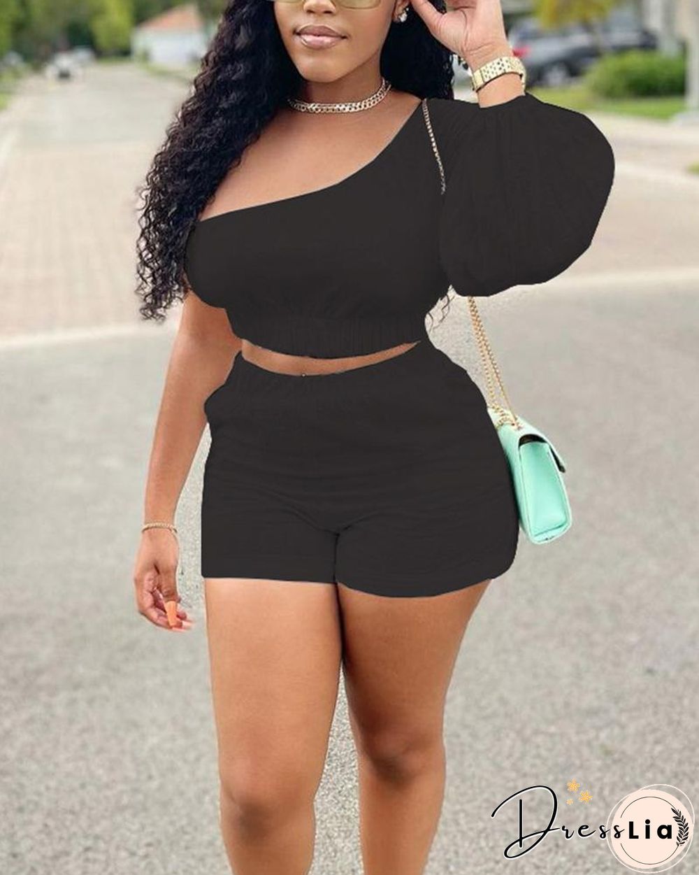 Solid Color One Shoulder Crop Top & Shorts Set