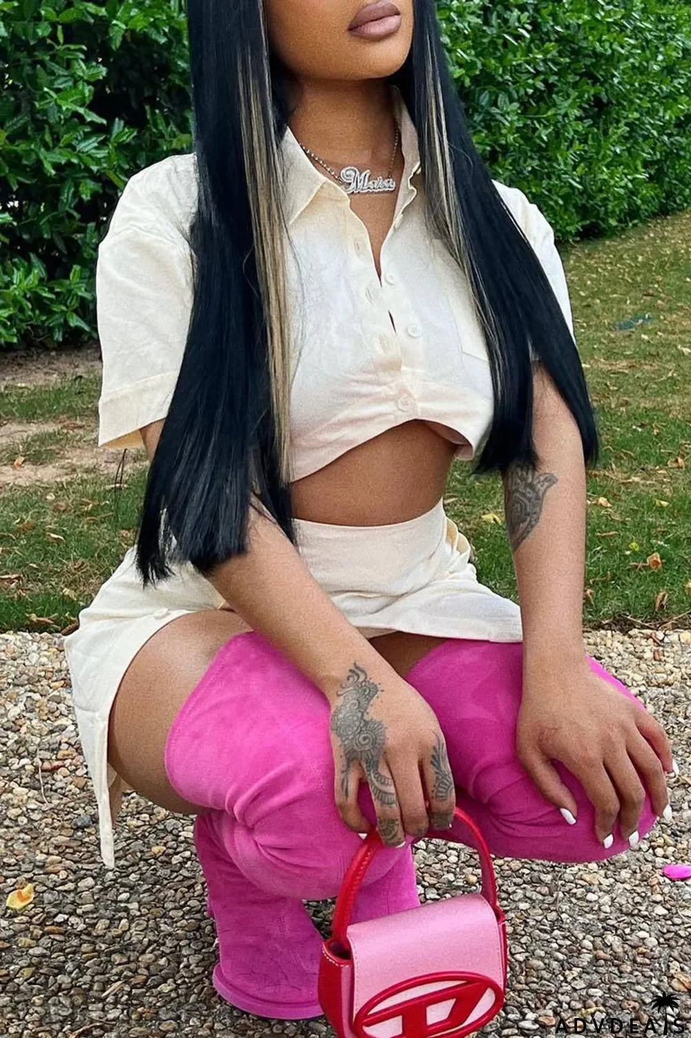 Red Fashion Casual Solid Split Joint Turndown Collar Short Sleeve Two Pieces