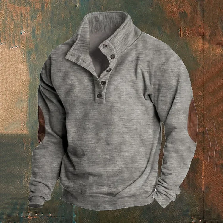 Utbros Men's Vintage Western Print Standing Collar Casual Sweatshirt