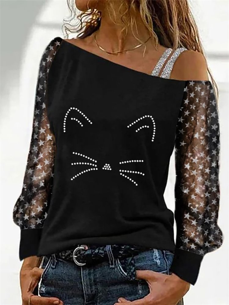 Artwishers Cat Rhinestone Patchwork Off Shoulder T Shirt