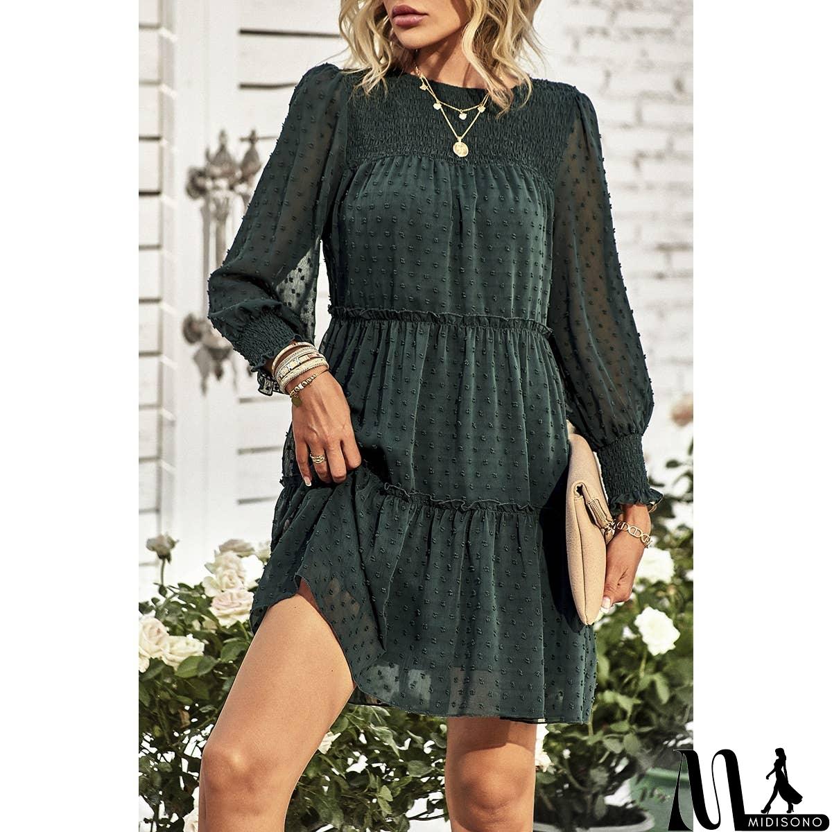 MidiSono - Dot Solid Ruched Color Block Ruffle Lined Midi Dress