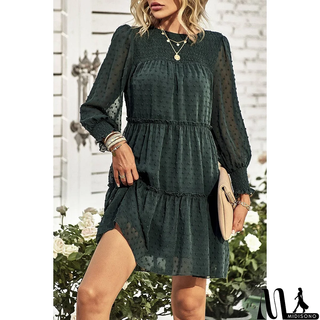 MidiSono - Dot Solid Ruched Color Block Ruffle Lined Midi Dress