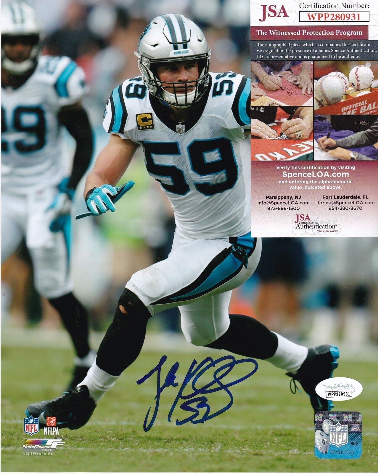 LUKE KUECHLY CAROLINA PANTHERS JSA AUTHENITCATED ACTION SIGNED 8x10