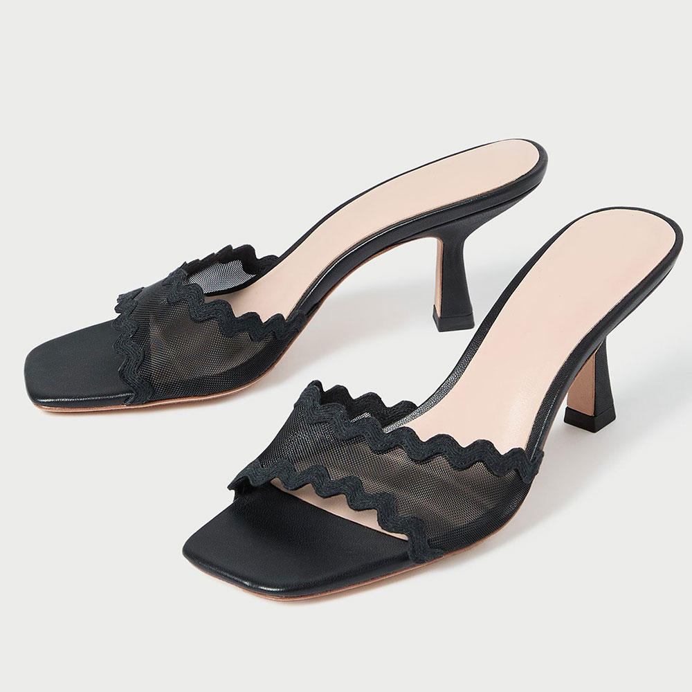 Black Square Toe Mesh Wide Band Kitten Heel Mules for Ladies Nicepairs