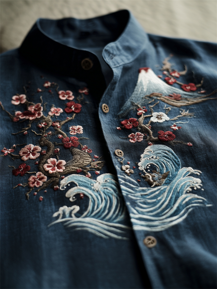 Japanese Mount Fuji Cherry Blossom Sea Waves Embroidered Short Sleeve Linen Shirt  artssus