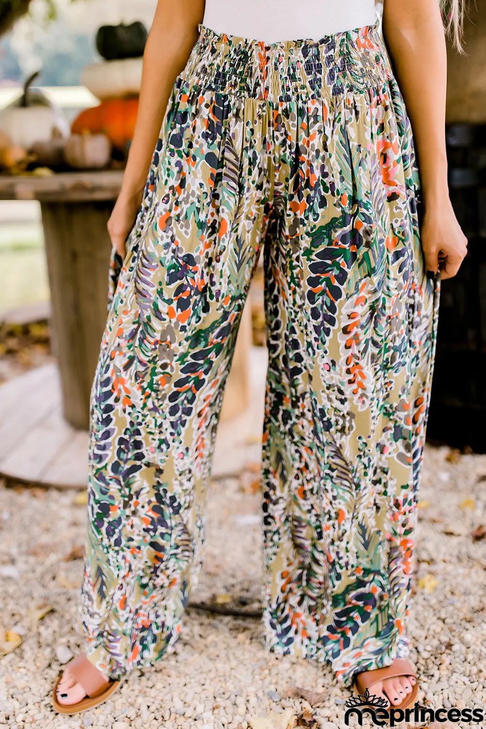 Multicolor Floral Print Shirred High Waist Wide Leg Casual Pants