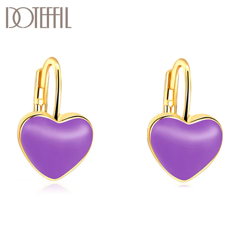 DOTEFFIL 925 Sterling Silver 18K Gold Red/Purple Heart Earrings For Women Jewelry 