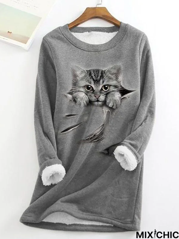 Women Casual Crew Neck Fun Cat Winter Warm Fleece Lined Pullover Sweatshirt