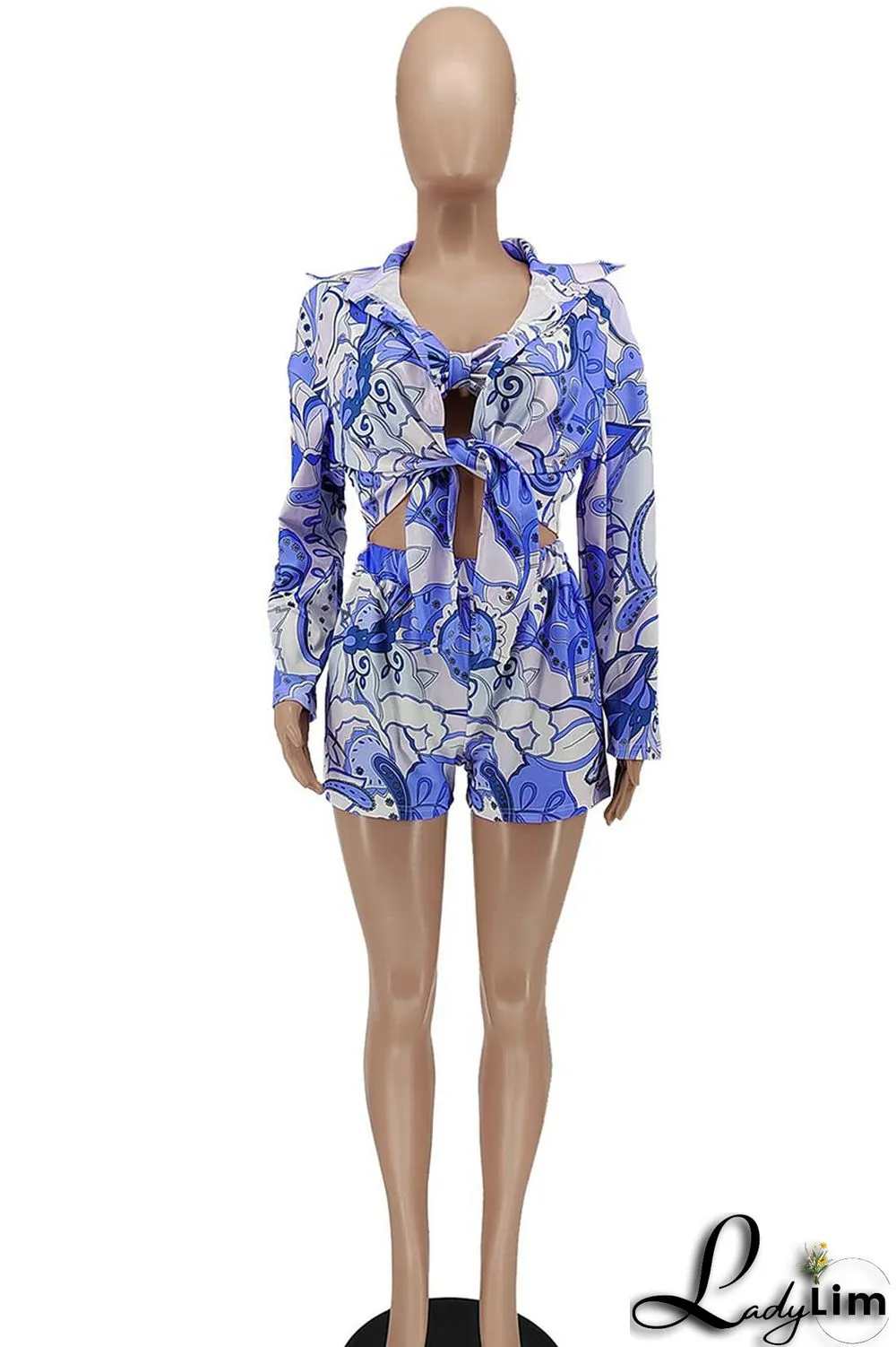 Green Fashion Sexy Print Patchwork Turndown Collar Long Sleeve Three Pieces