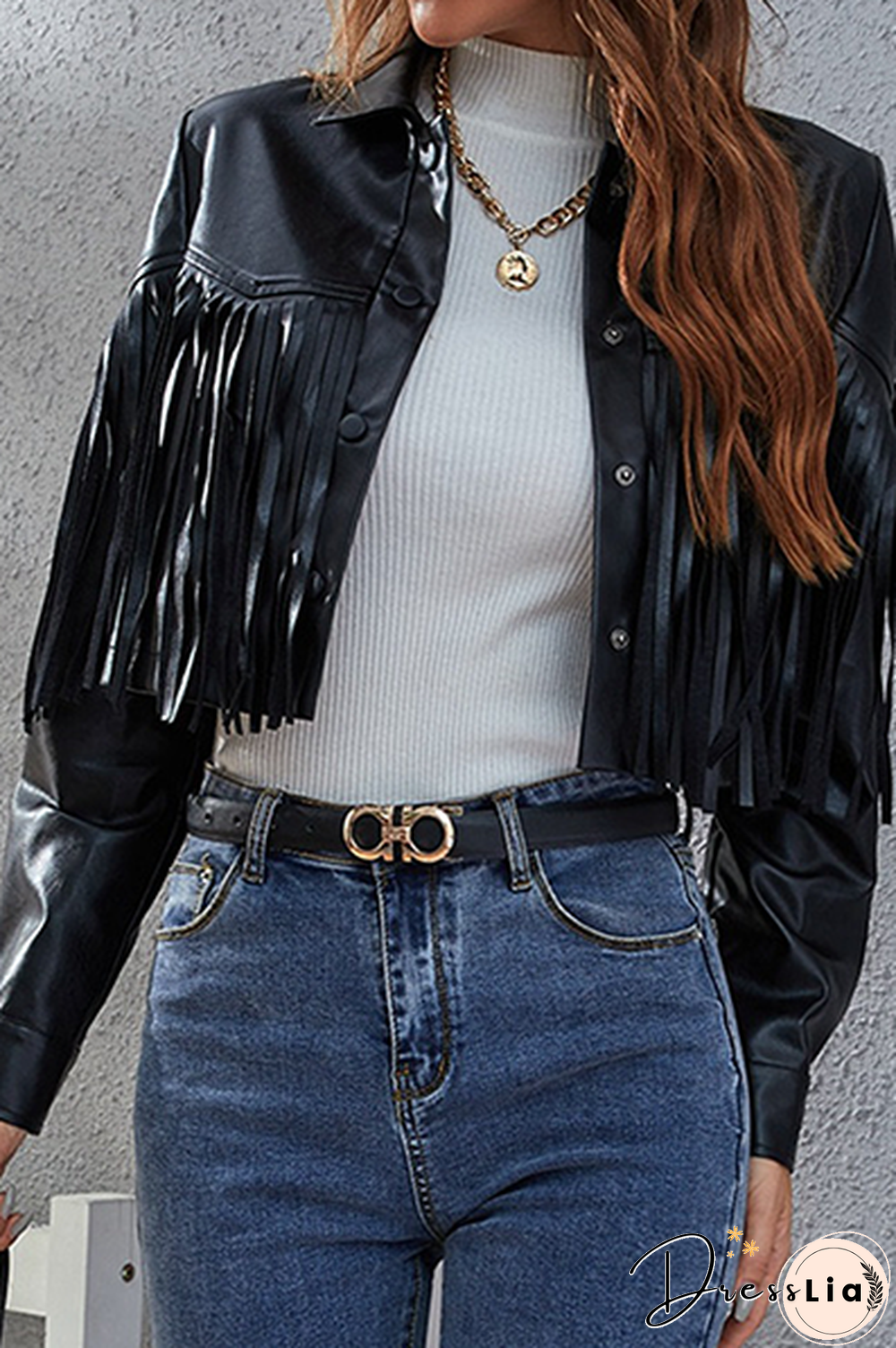 Street Solid Tassel Buckle Turndown Collar Outerwear