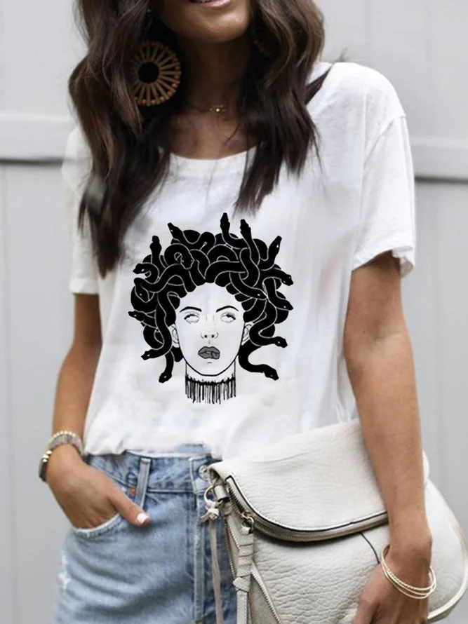 White Crew Neck Printed Geometric Short Sleeve Shirts & Tops