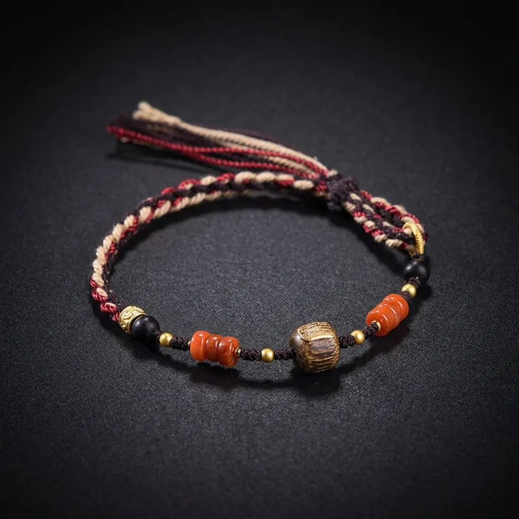 JiStones Ethereal Path Bracelet: Hand-Woven Tibetan Red Jade & Sandalwood Art Piece Crimson Zen Edition