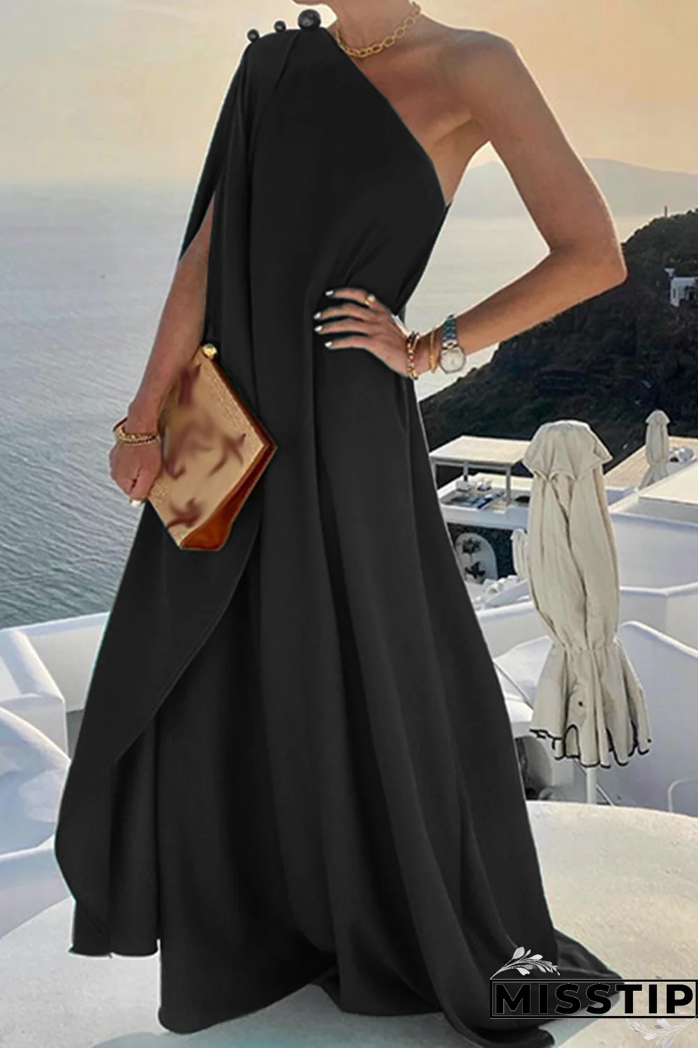 Green Casual Solid Patchwork One Shoulder Straight Dresses