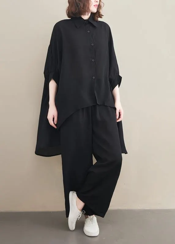 Loose Lapel Batwing Sleeve Spring Clothes Fabrics Black Tops