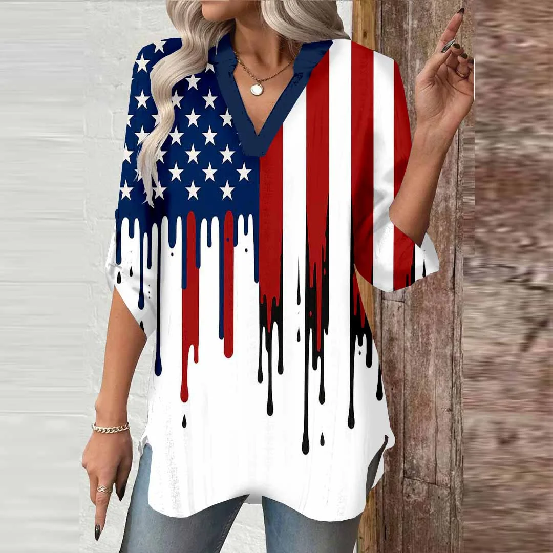 Women  Independence Day, Star, Striped, Blue, Red DZGA0239 3/4 Sleeve V-neck Printed Graphic Button Tops