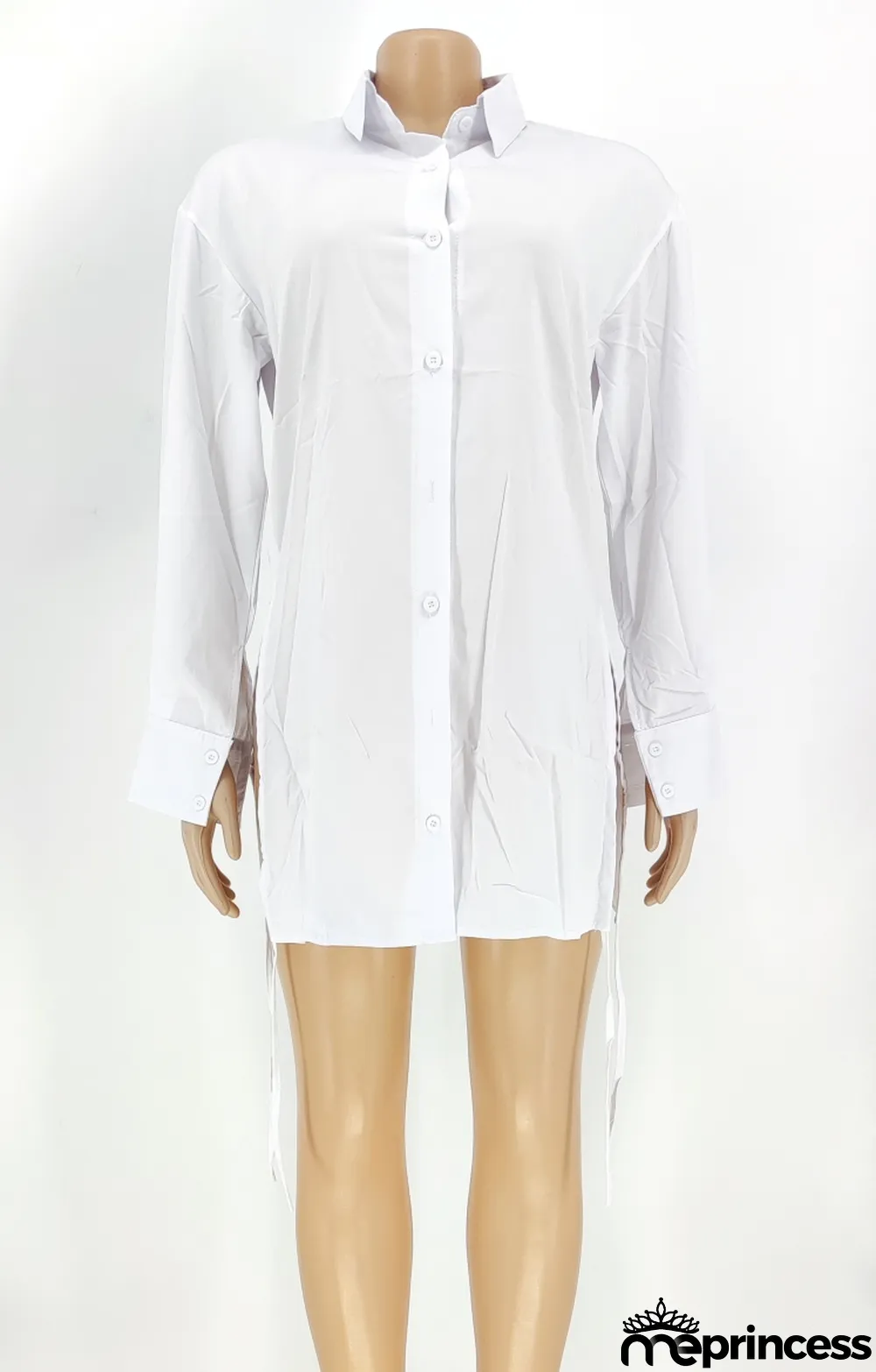 Autumn Casual White Lace Up Long Sleeve Long Shirt