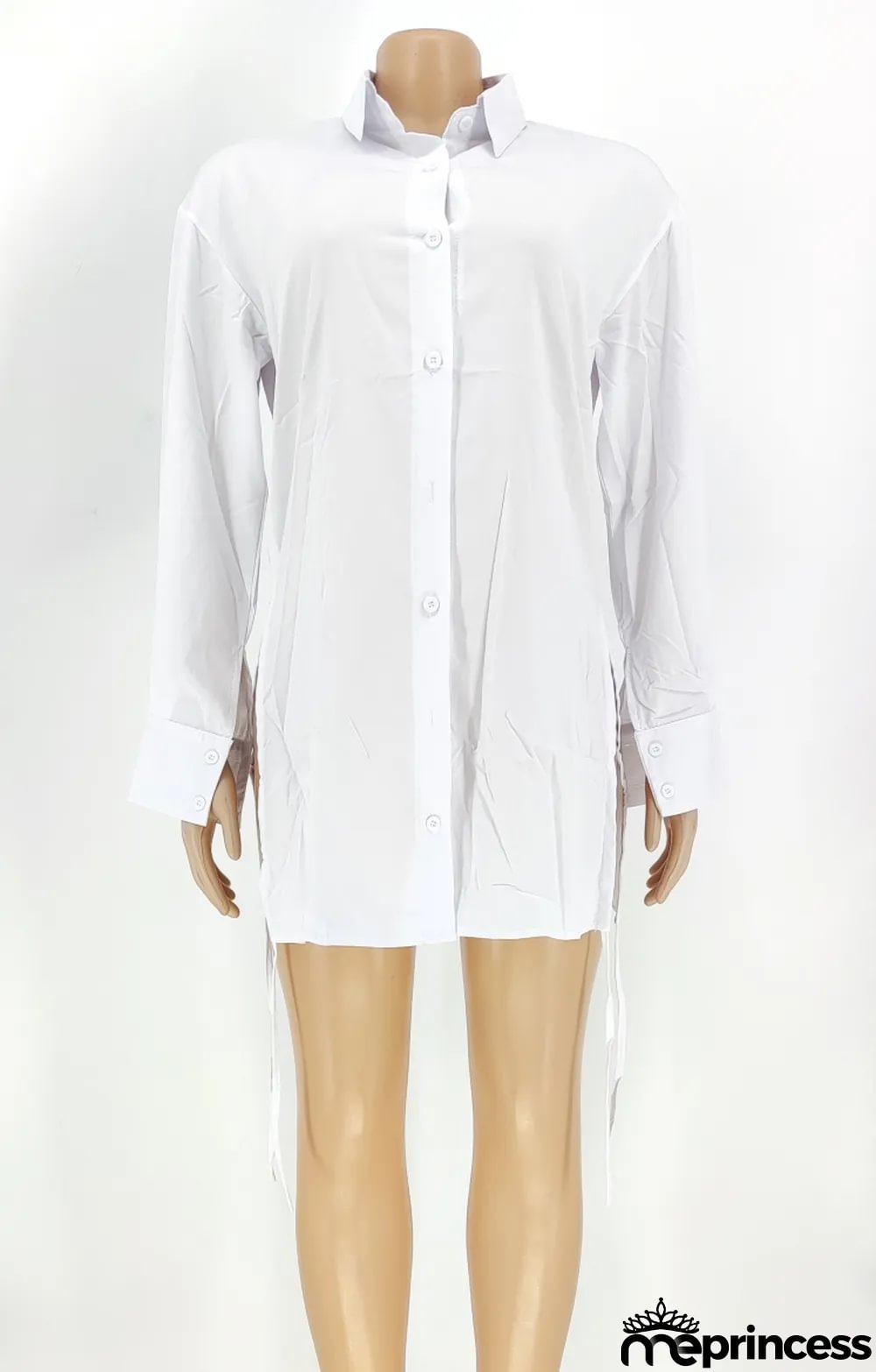 Autumn Casual White Lace Up Long Sleeve Long Shirt
