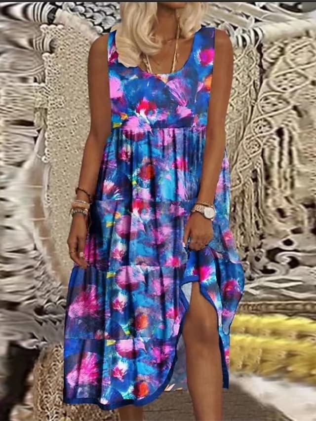 Women's Shift Sleeveless Floral Print Midi Dress