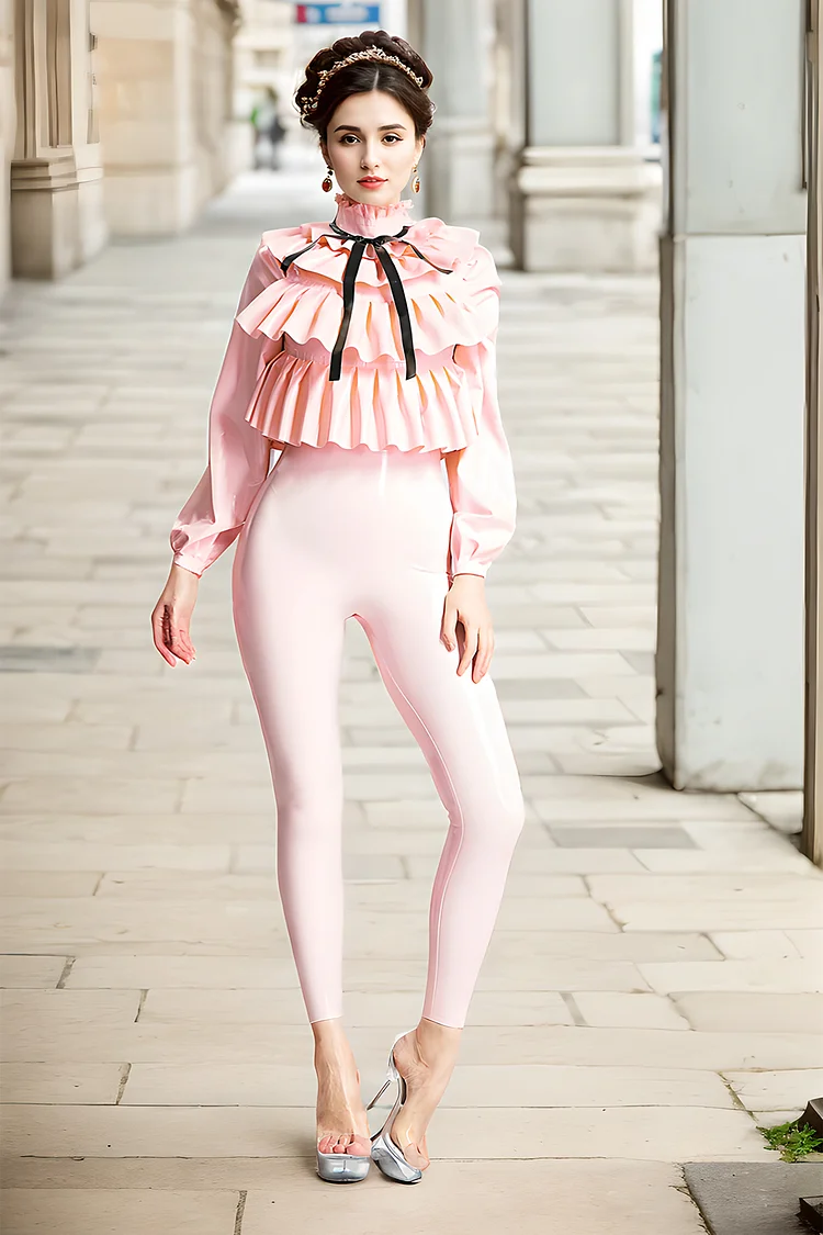 Women Latex Catsuits Frills Galore Shirt style FemaleUrban Fashion Style  ruffled high neck puff sleeves fashion streetwear with bow