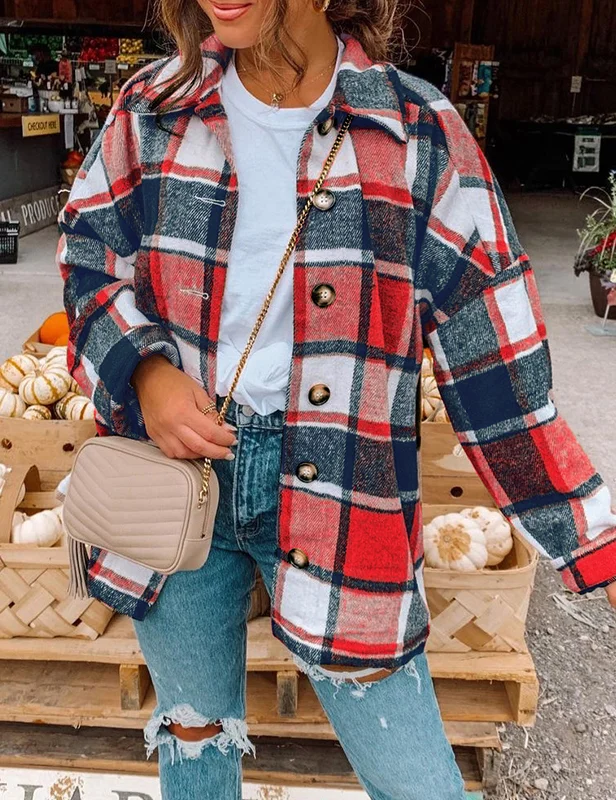 Plaid Button Pocket Long Sleeve Shirt Coat