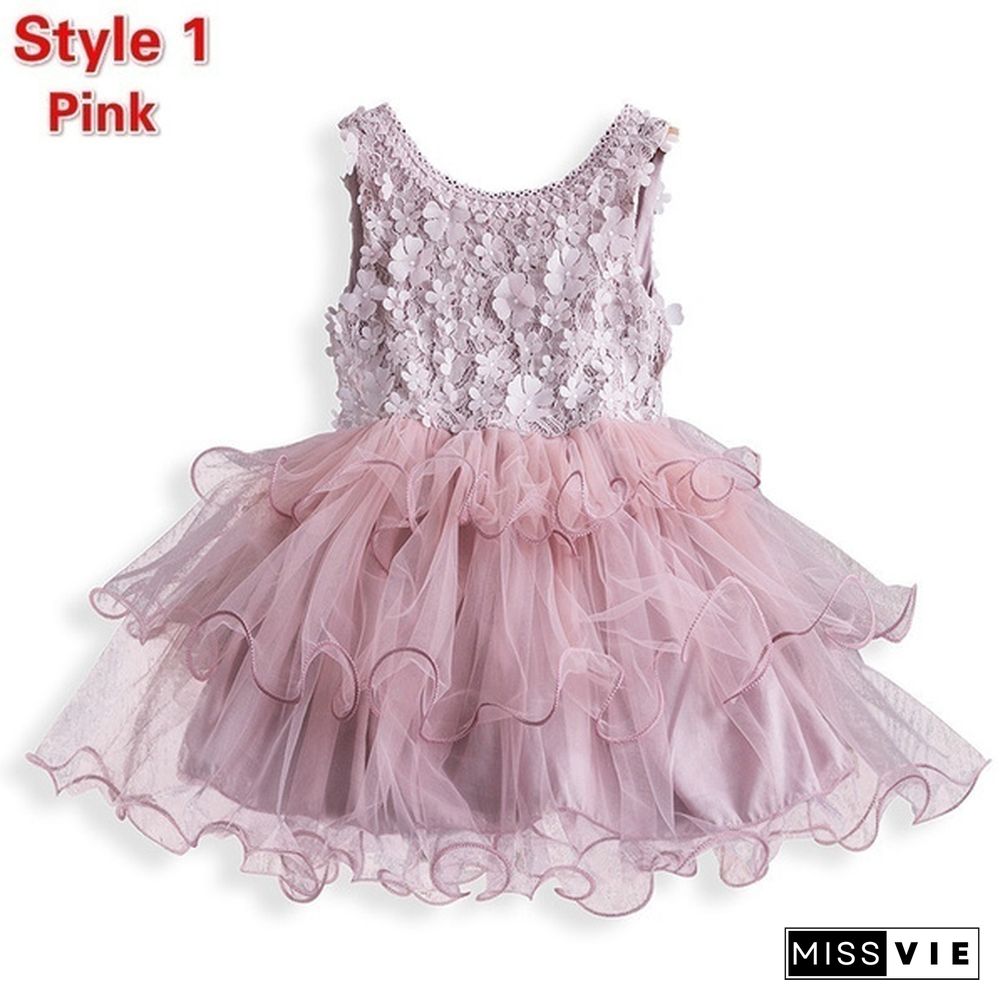 Girl's Fashion Backless Dress Appliques Flower Clothes Layered Mesh Princess Dress for Summer Beach Casual Wear 2 Styles