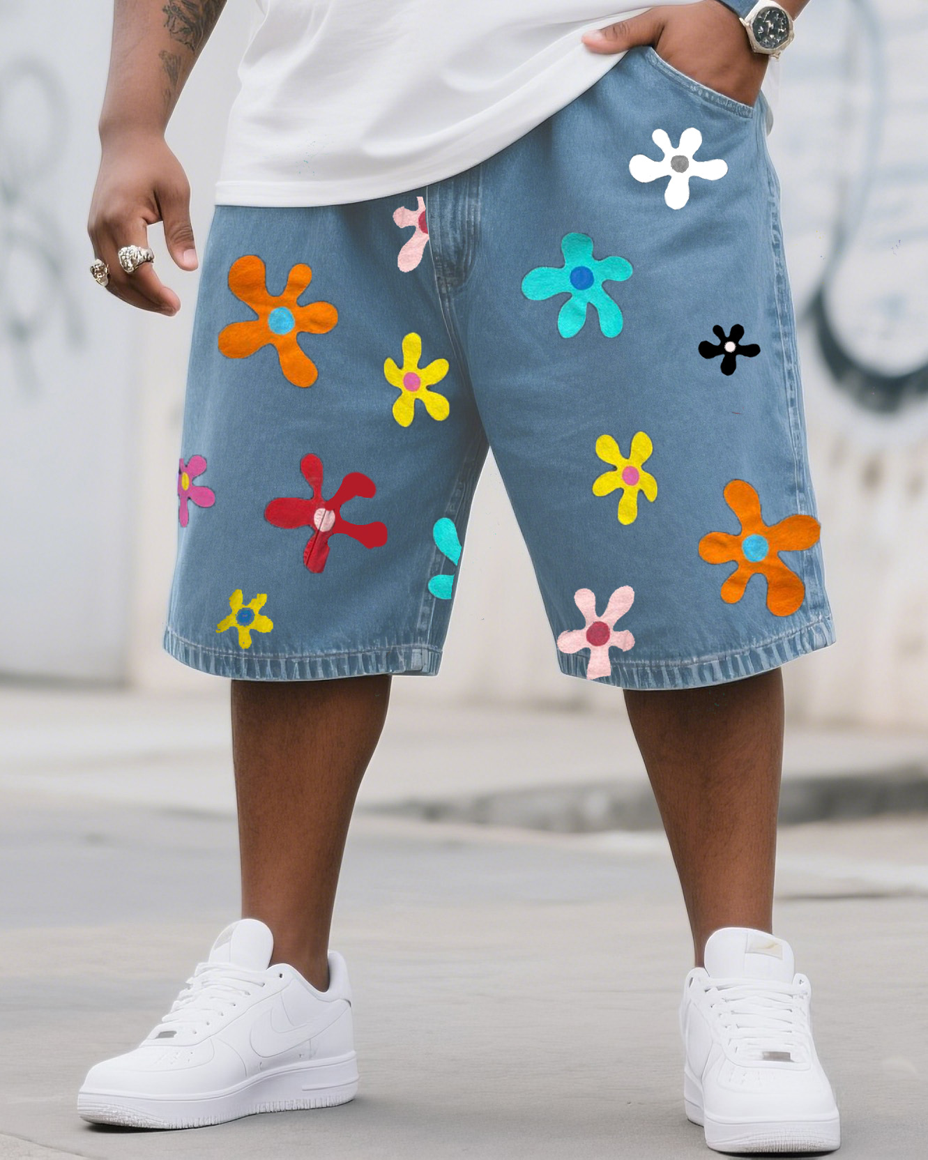 Plus Size Men's Fashion 2025 Popular Color Small Flower Shorts Jeans
