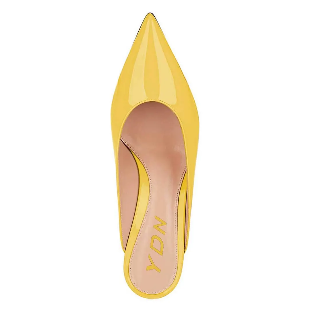 YDN Casual Yellow Patent Leather Pointed Toe Slip-On Mule Heels