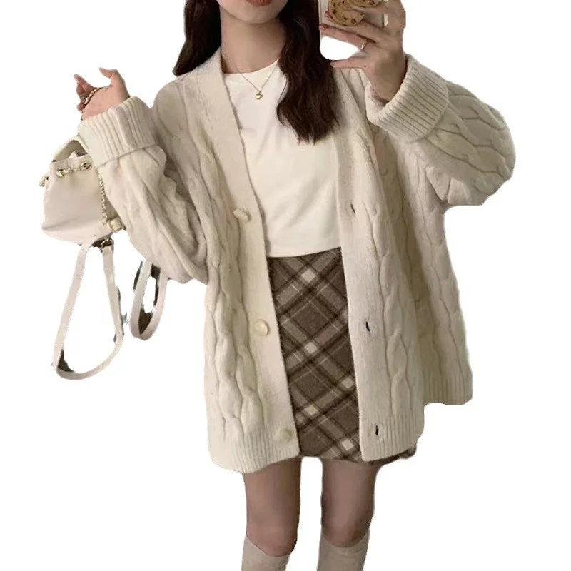 Churchf Churchf Twist Sweater Coat Female Loose Lazy Wind V-Neck Long Sleeve Autumn Winter Korean Version Knit Cardigan Female Thick Money