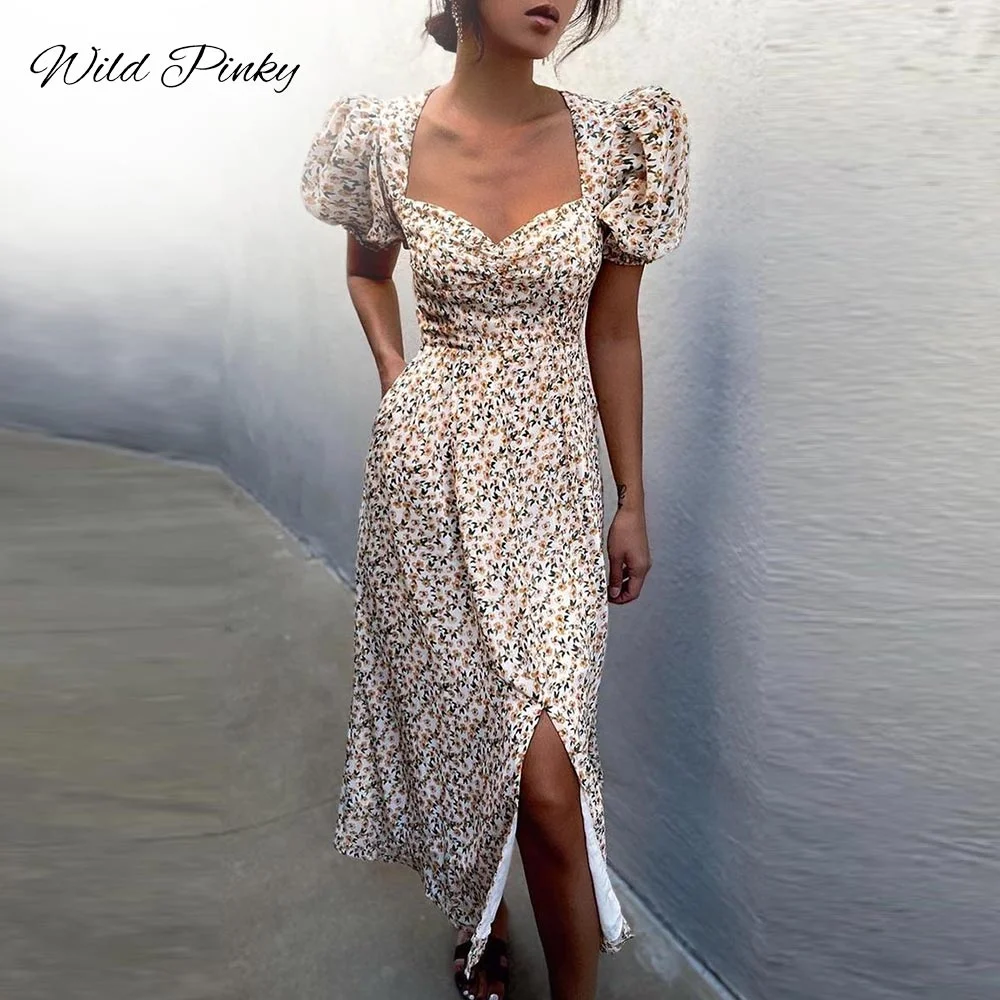WildPinky New Women Print Dress Summer Short Puff Sleeve Boho Print Sundress V-neck Elegant Ladies Split Long Dress Vestidos