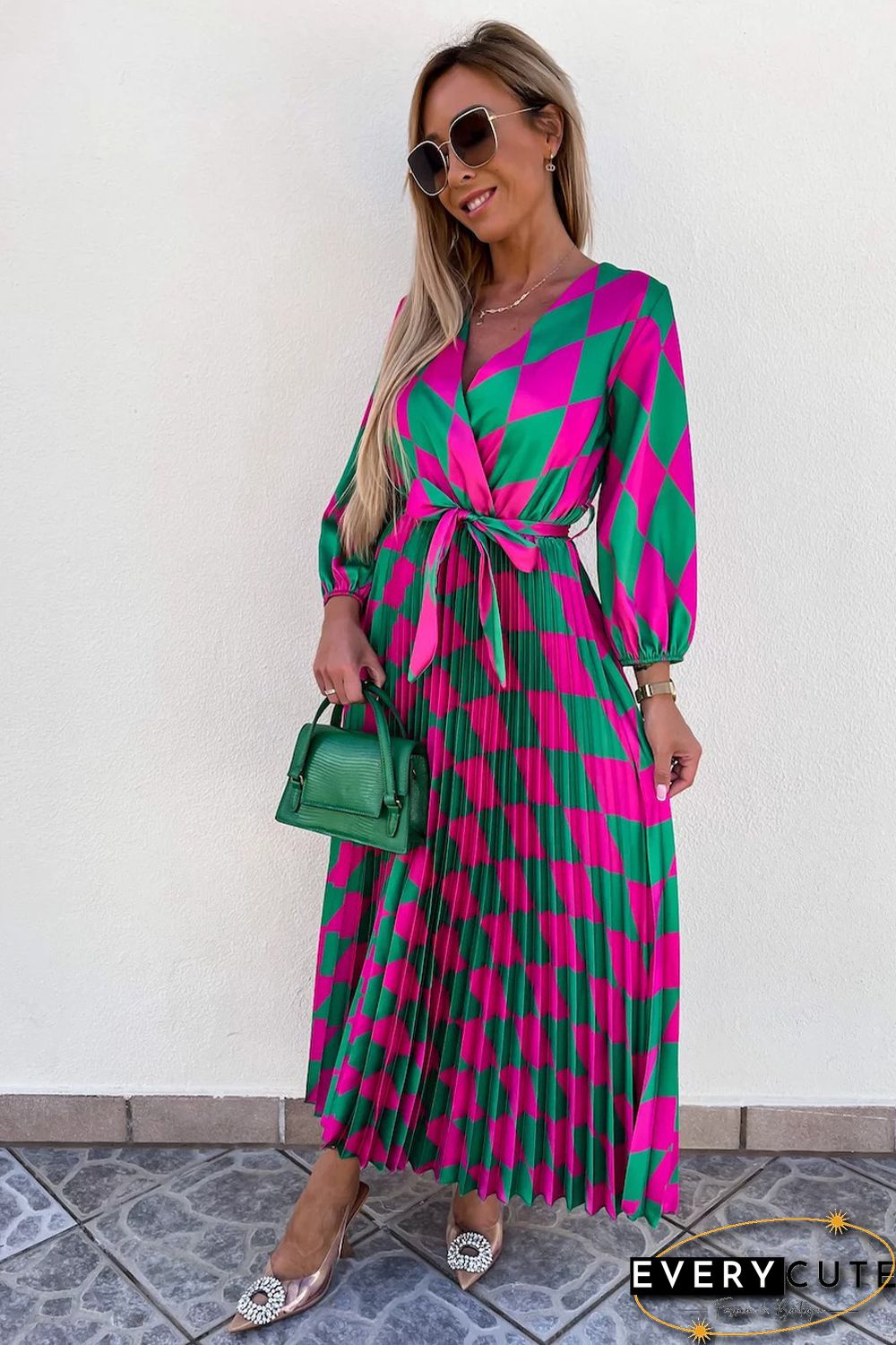 Multicolor Rhombus Contrast Color Block Belted Maxi Dress